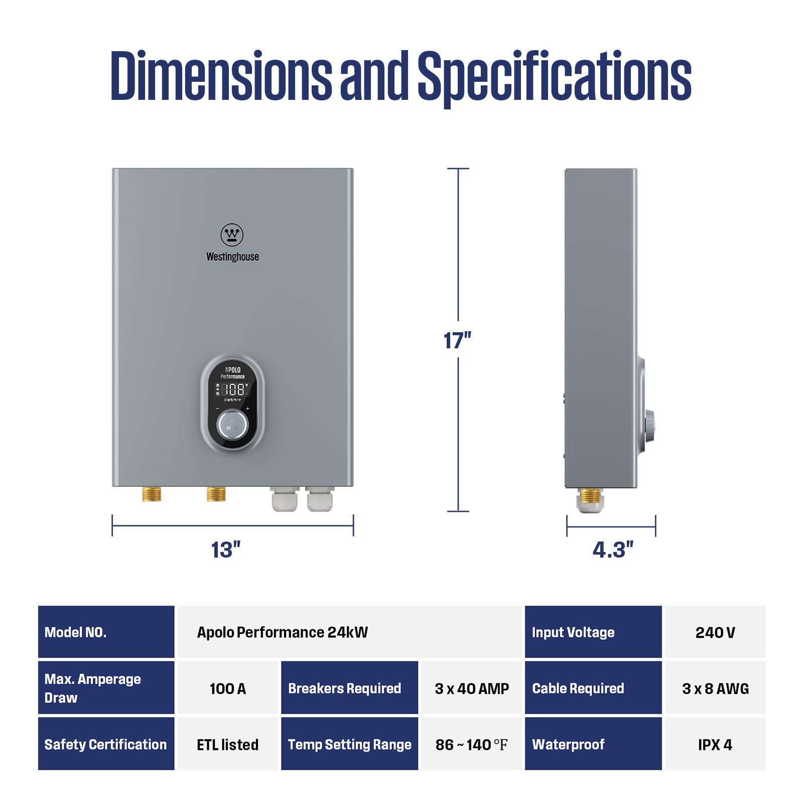 Westinghouse 24kW 240V Electric Tankless Water Heater, Instant Hot Water Heater, On Demand Hot Water, Smart WiFi Control, Works with Alexa & Google Home, ETL Certified, IPX4, Apolo-24kW
