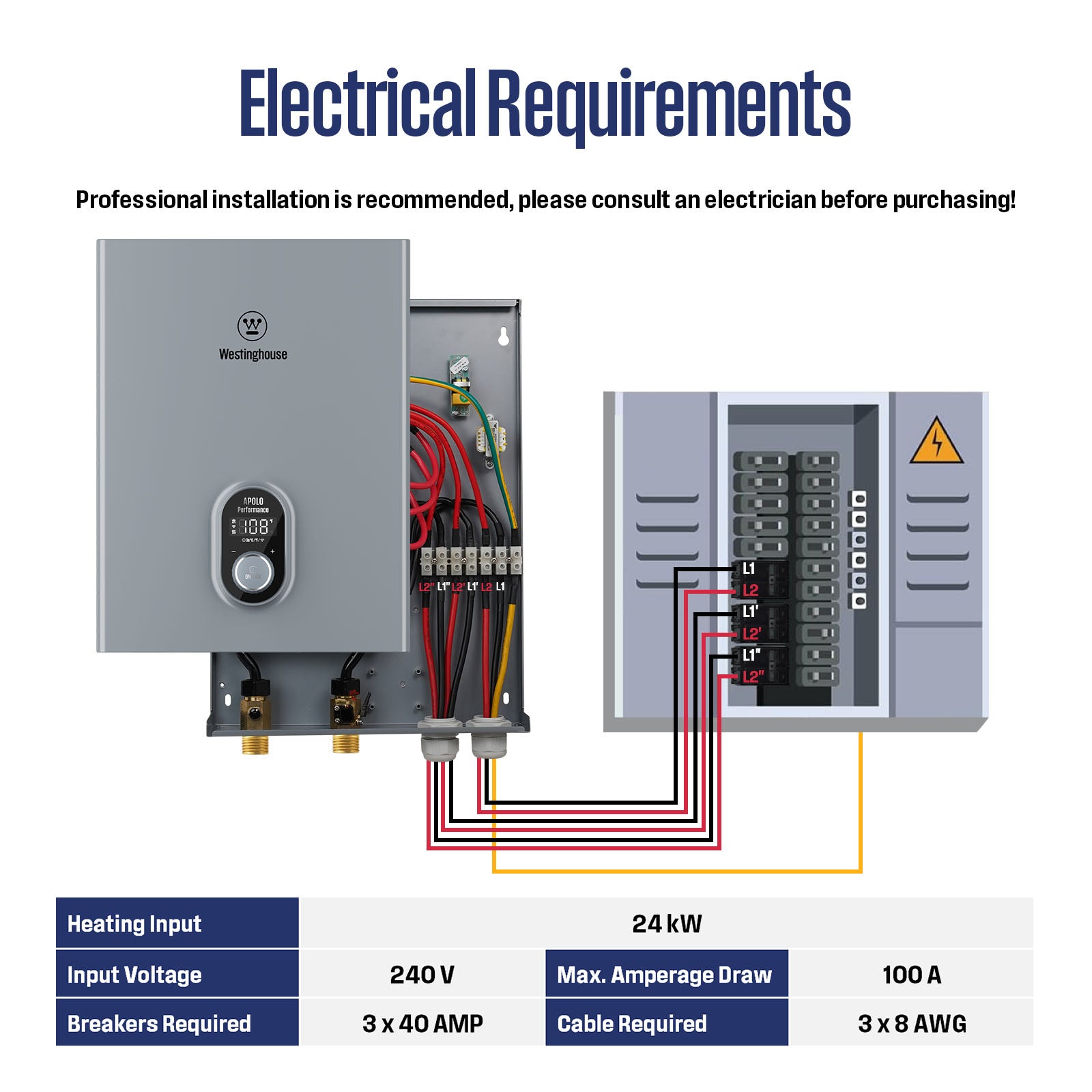Westinghouse 24kW 240V Electric Tankless Water Heater, Instant Hot Water Heater, On Demand Hot Water, Smart WiFi Control, Works with Alexa & Google Home, ETL Certified, IPX4, Apolo-24kW