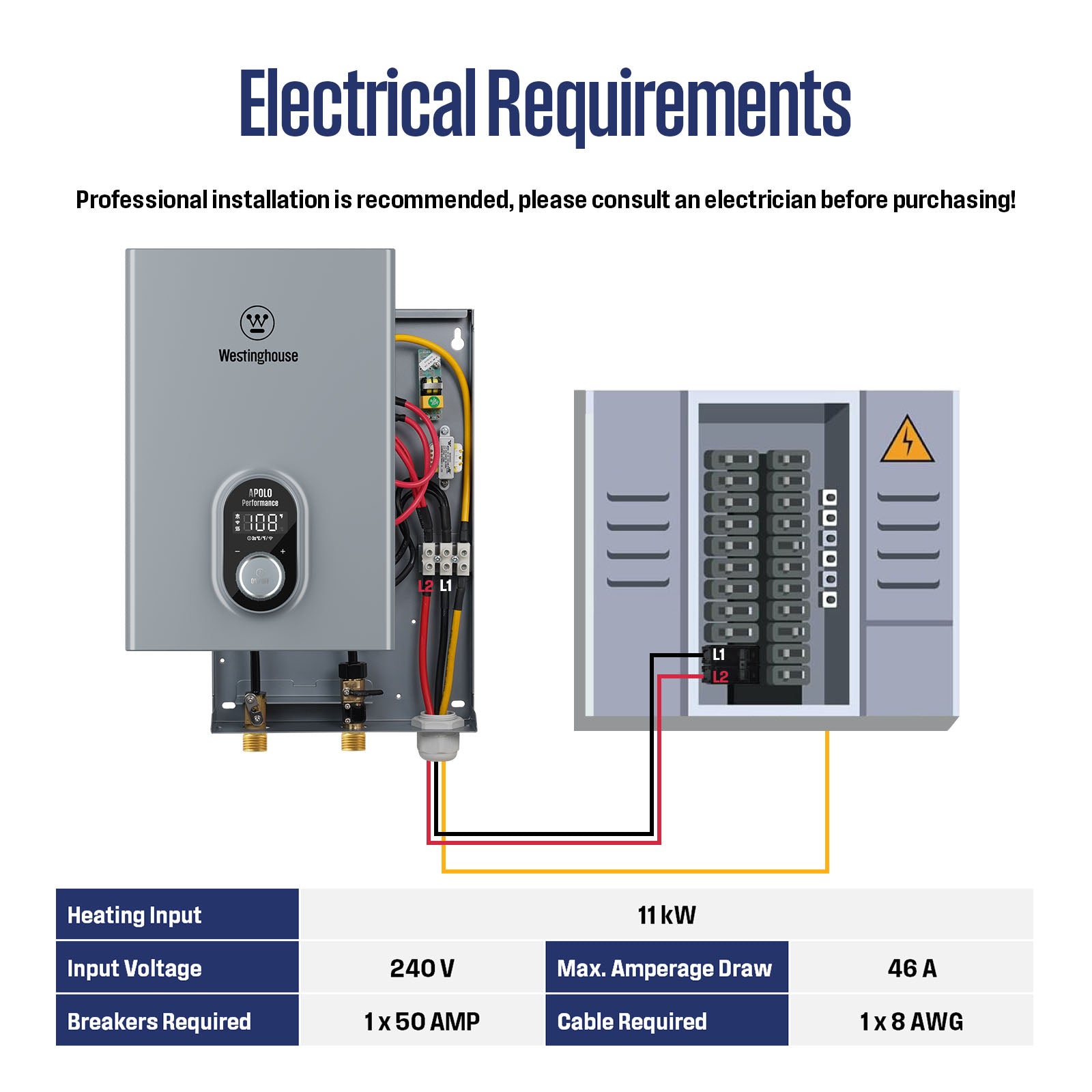 Westinghouse 11kW 240V Tankless Water Heater Electric, Up to 2.6 GPM Instant Hot Water Heater, 1-3 Point of Use Hot Water, Wi-Fi Enabled, APOLO-11k