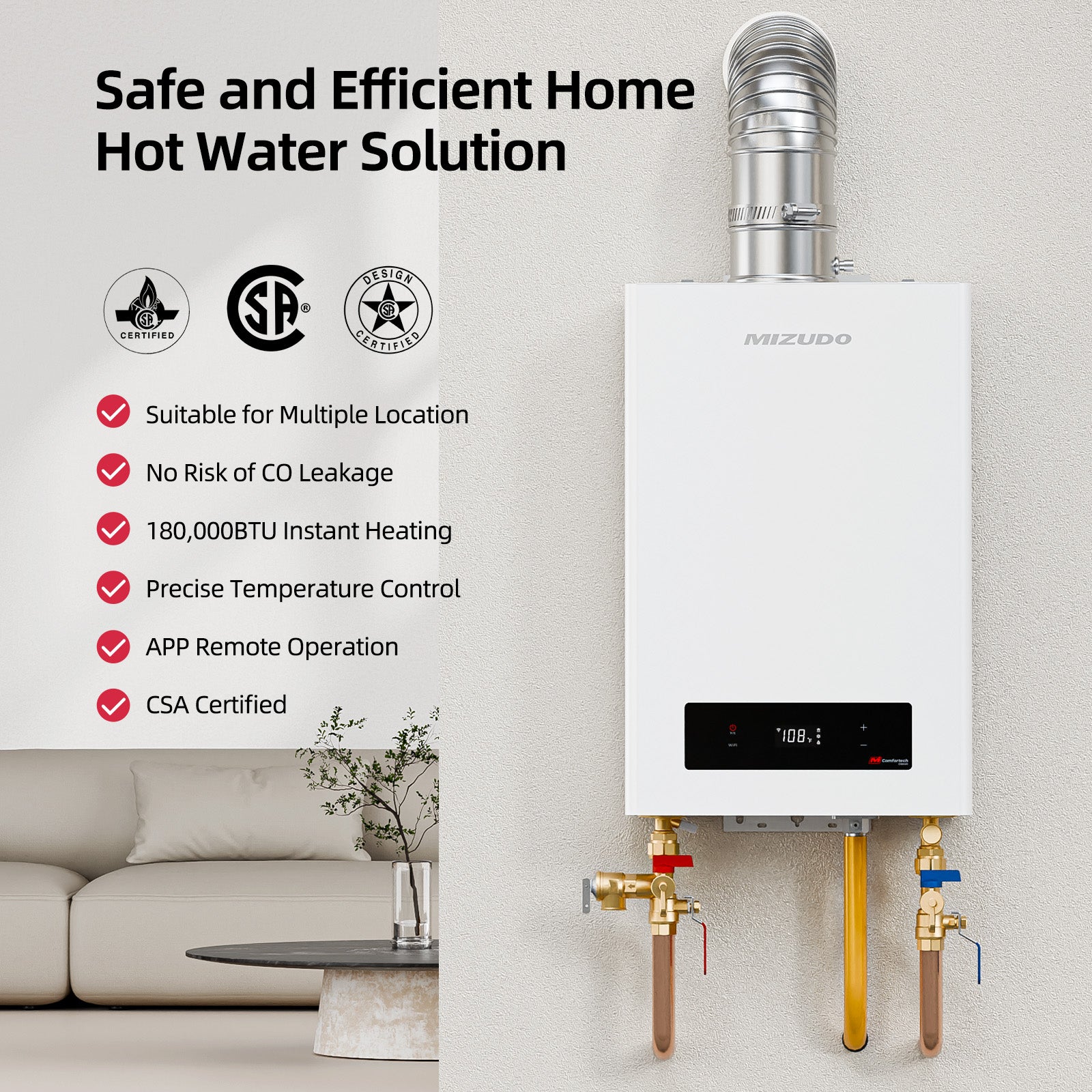 Natural Gas Direct Vent Tankless Water Heater, MIZUDO Max 7.9 GPM, 180,000 BTU, WiFi-Enabled, CSA Certified, Indoor Non-Condensing Instant Hot Water Heater for Residential Whole House