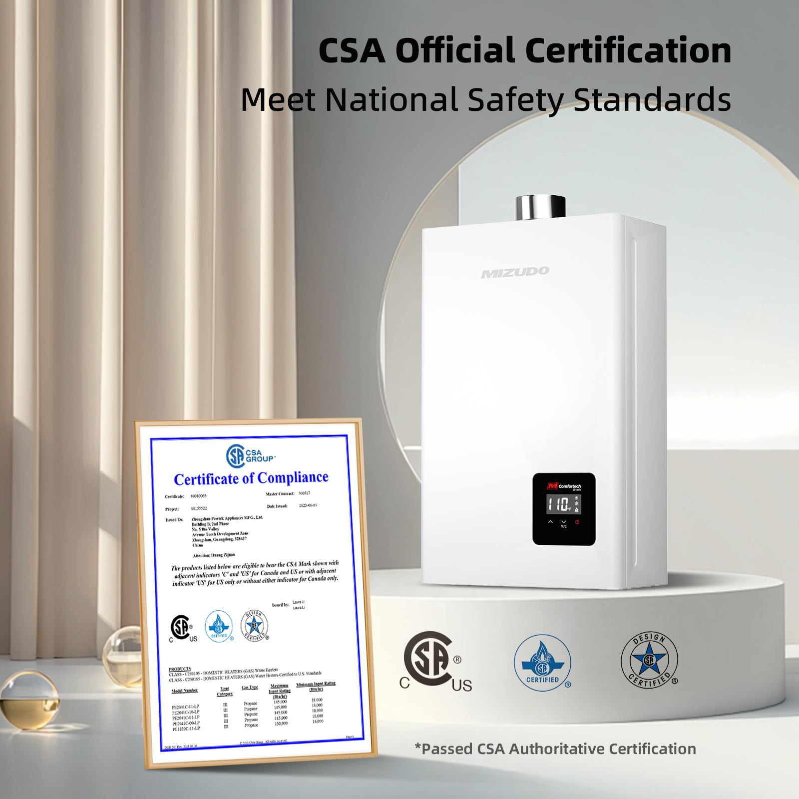 MIZUDO Natural gas tankless water heater CSA Certification
