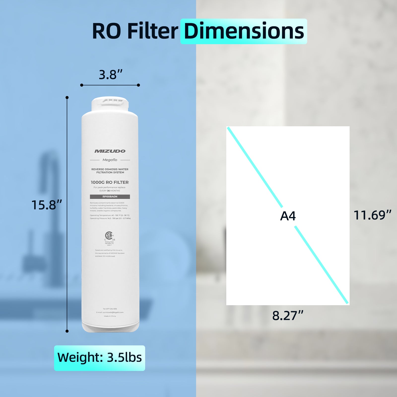 1000GPD RO Filter, Replacement for MIZUDO Megaflo 1000GPD Reverse Osmosis System