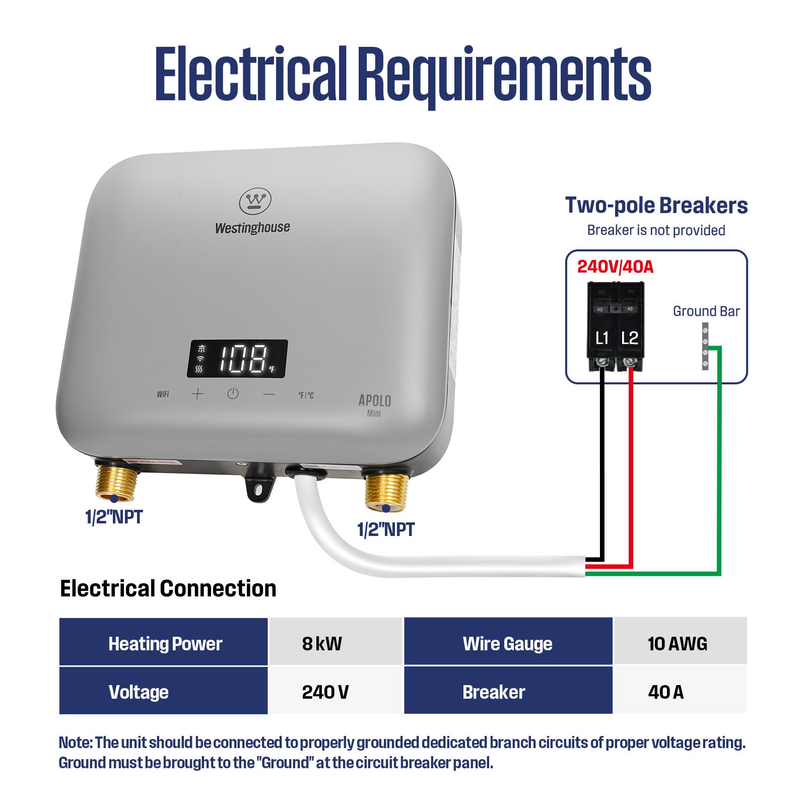 Westinghouse Apolo Mini 8kW Tankless Water Heater Electric, 240V Instant Hot Water, Smart WiFi Control, Compatible with Alexa & Google Home, Gray