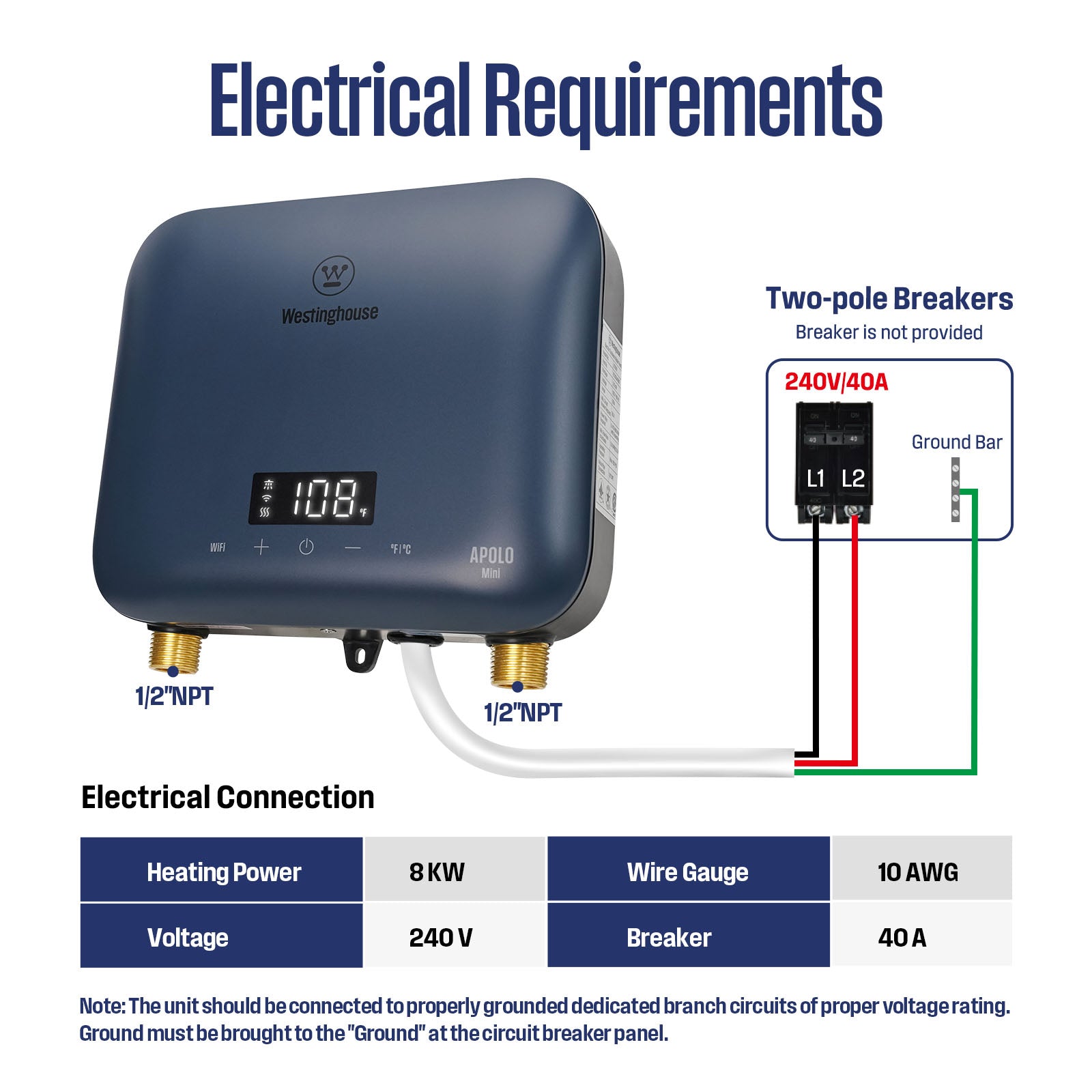 Westinghouse Apolo Mini 8kW Tankless Water Heater Electric, 240V Instant Hot Water, Smart WiFi Control, Compatible with Alexa & Google Home, Deep Blue