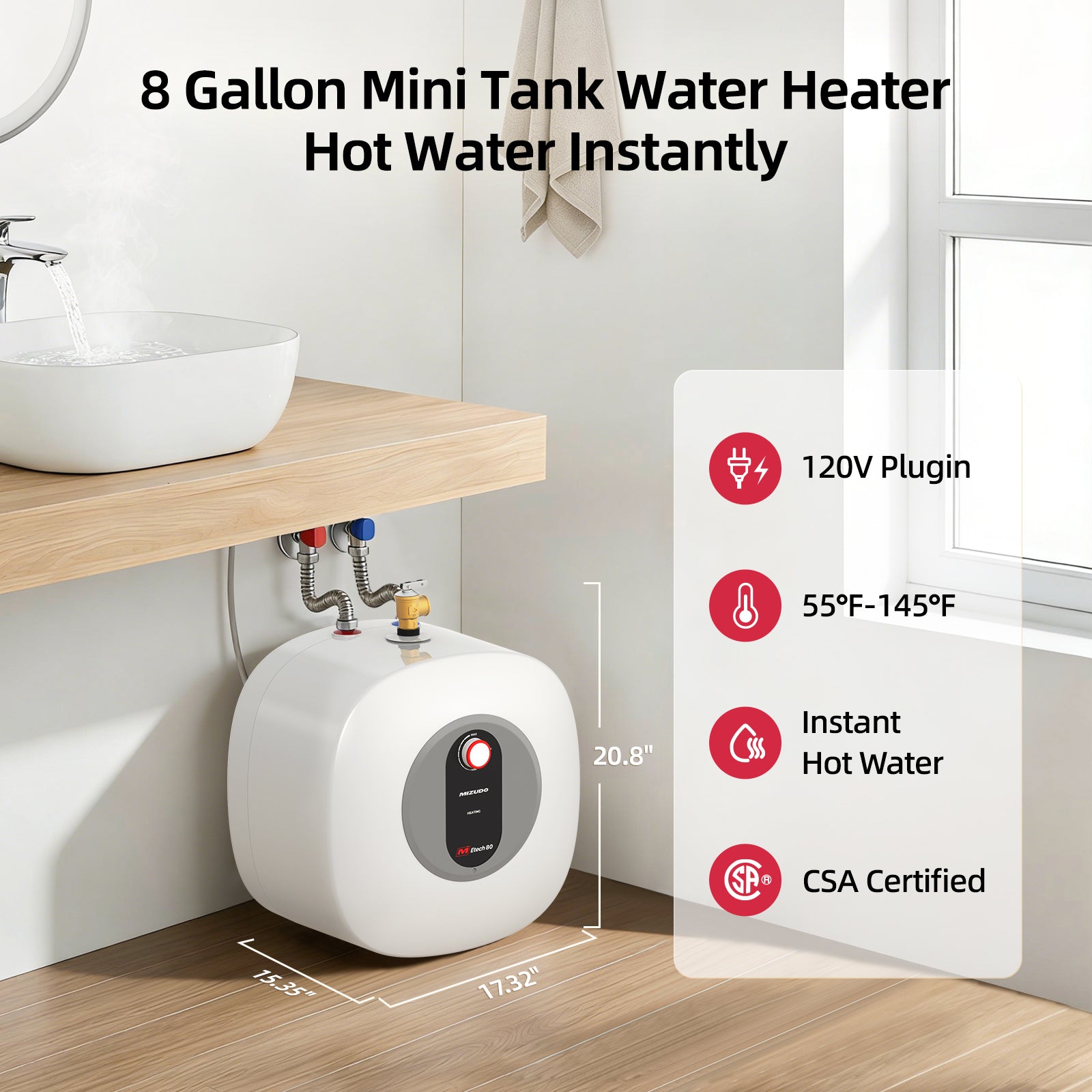 120V 8-Gallon Electric Mini Tank Under Sink Point-of-Use Instant Hot Water Heater