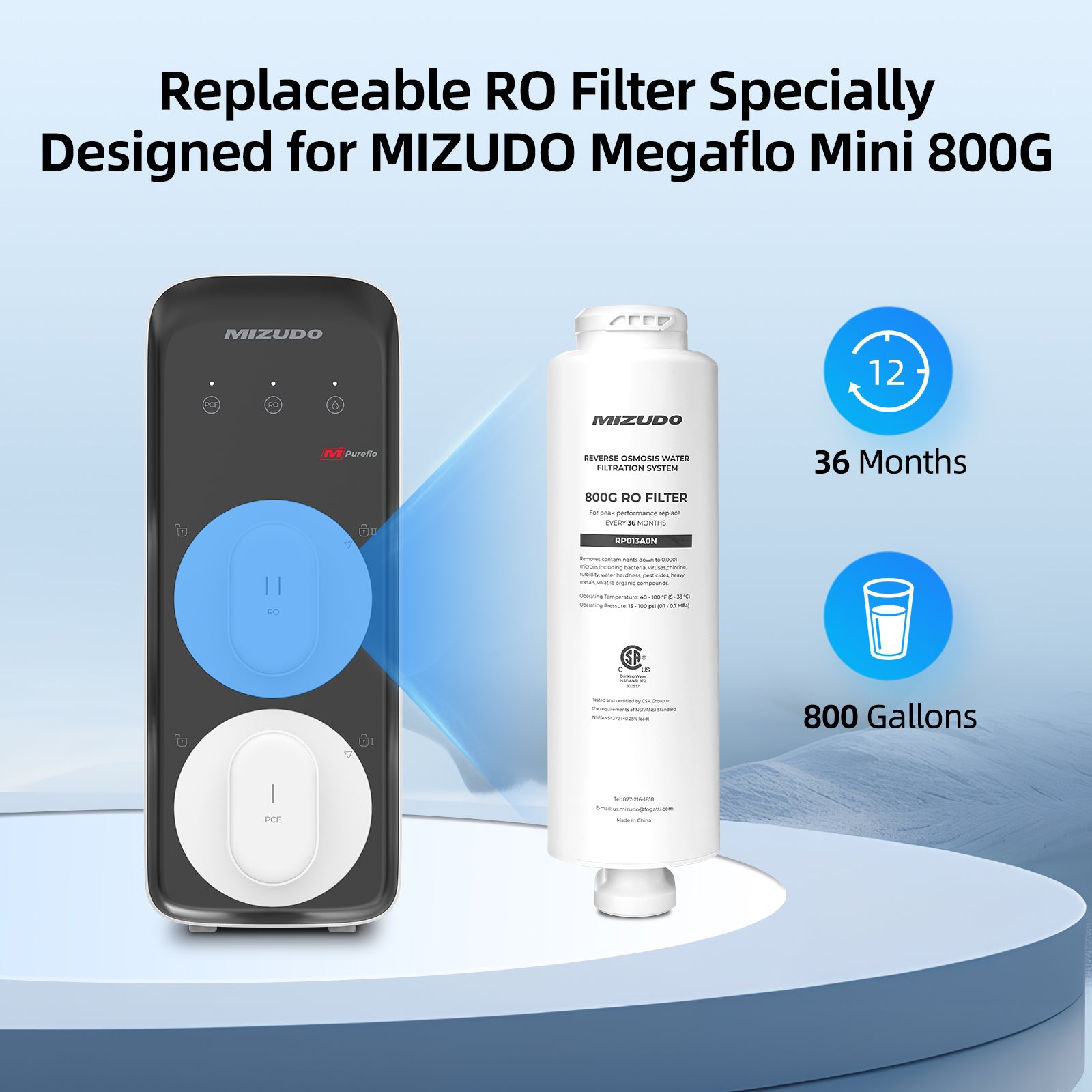 RO Filter for Mizudo Megaflo Mini 800G Reverse Osmosis Water Filter, Tankless Under Sink RO Water Filtration System