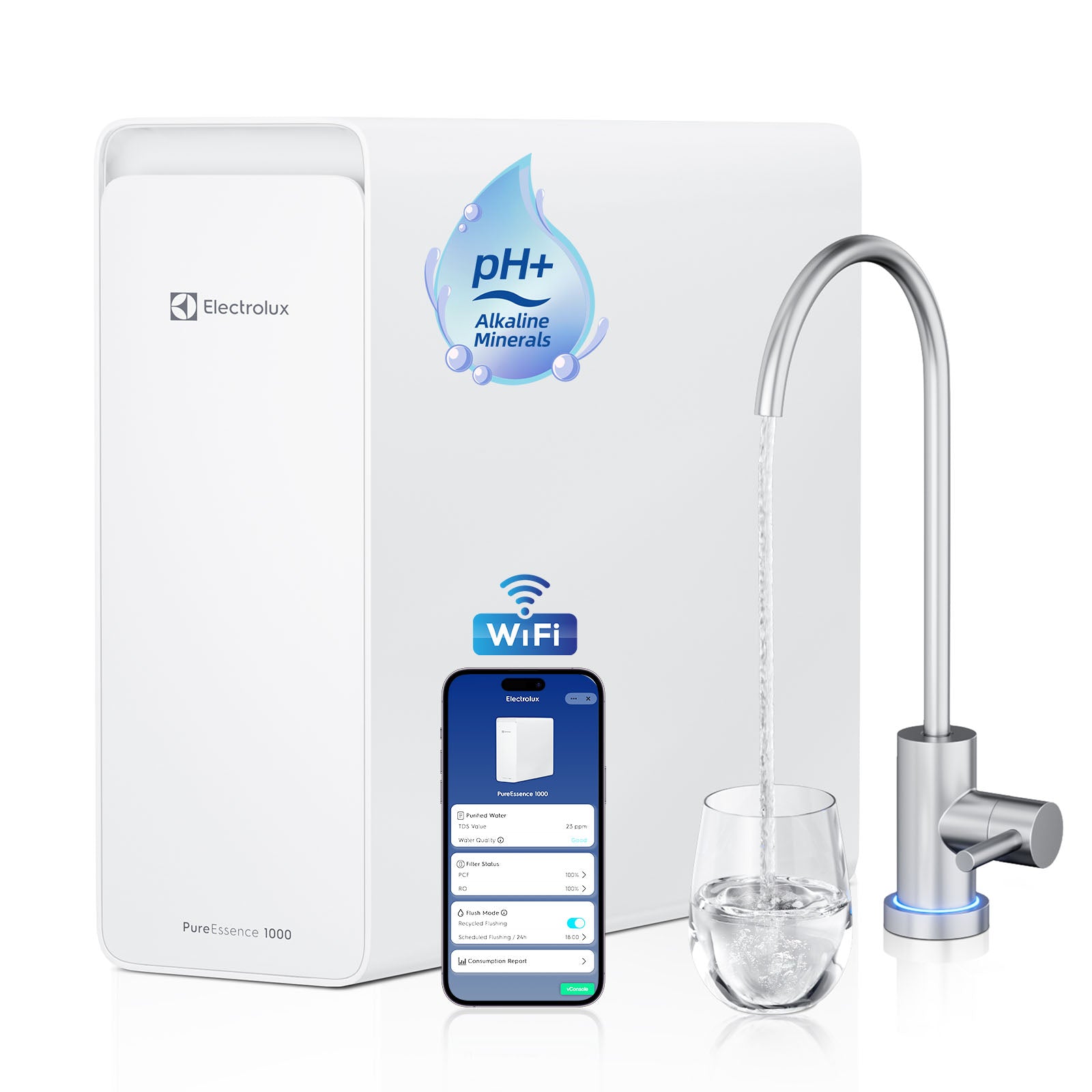 Electrolux WiFi 1000GPD Alkaline Mineral pH+ Reverse Osmosis Water Filter, 3:1 Pure to Drain Under Sink RO System, 10-Stage RO Water Filtration System, Real-time Monitoring