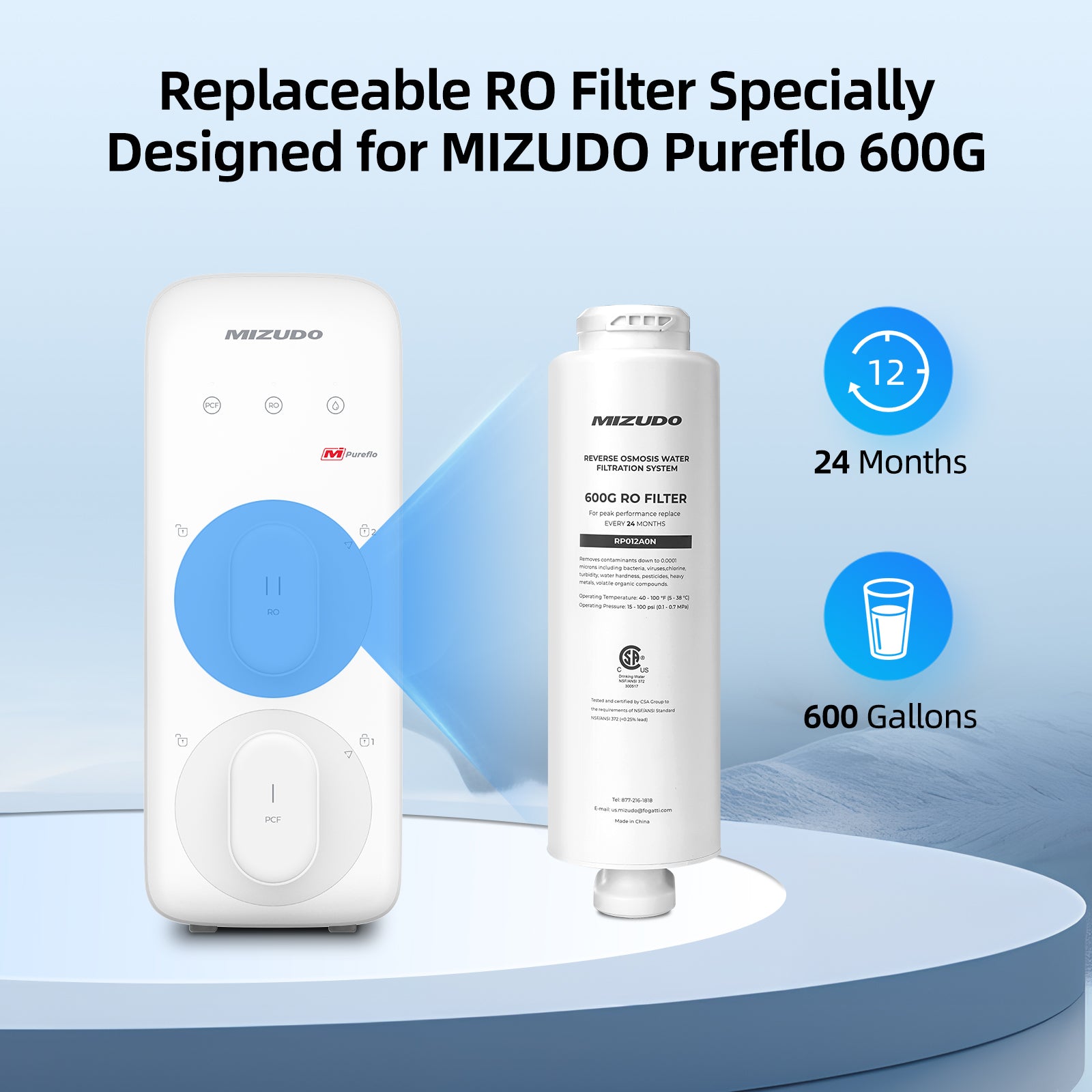 RO Filter for Mizudo Pureflo 600G Reverse Osmosis Water Filter, Tankless Under Sink RO Water Filtration System