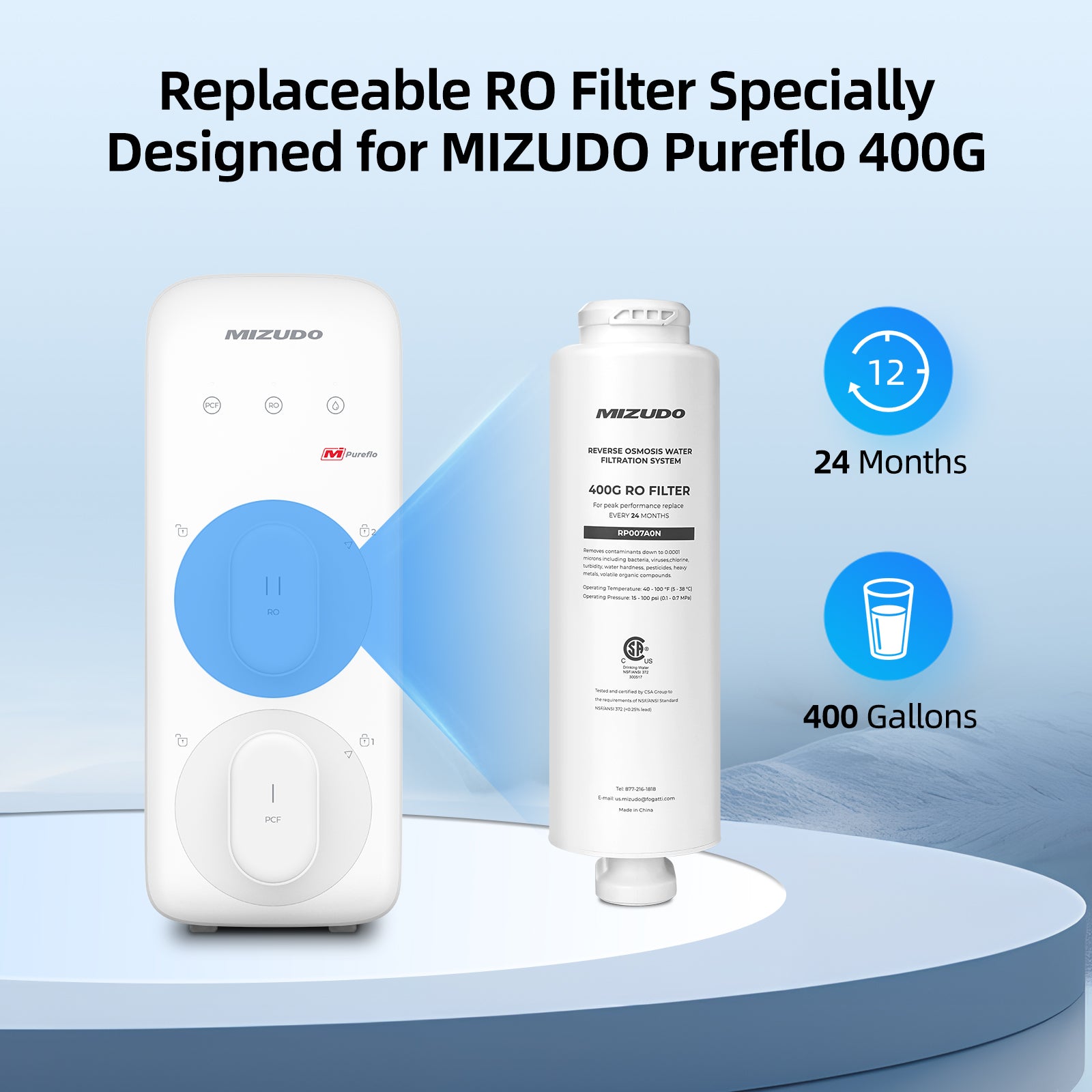 RO Filter for Mizudo Pureflo 400G Reverse Osmosis Water Filter, Tankless Under Sink RO Water Filtration System