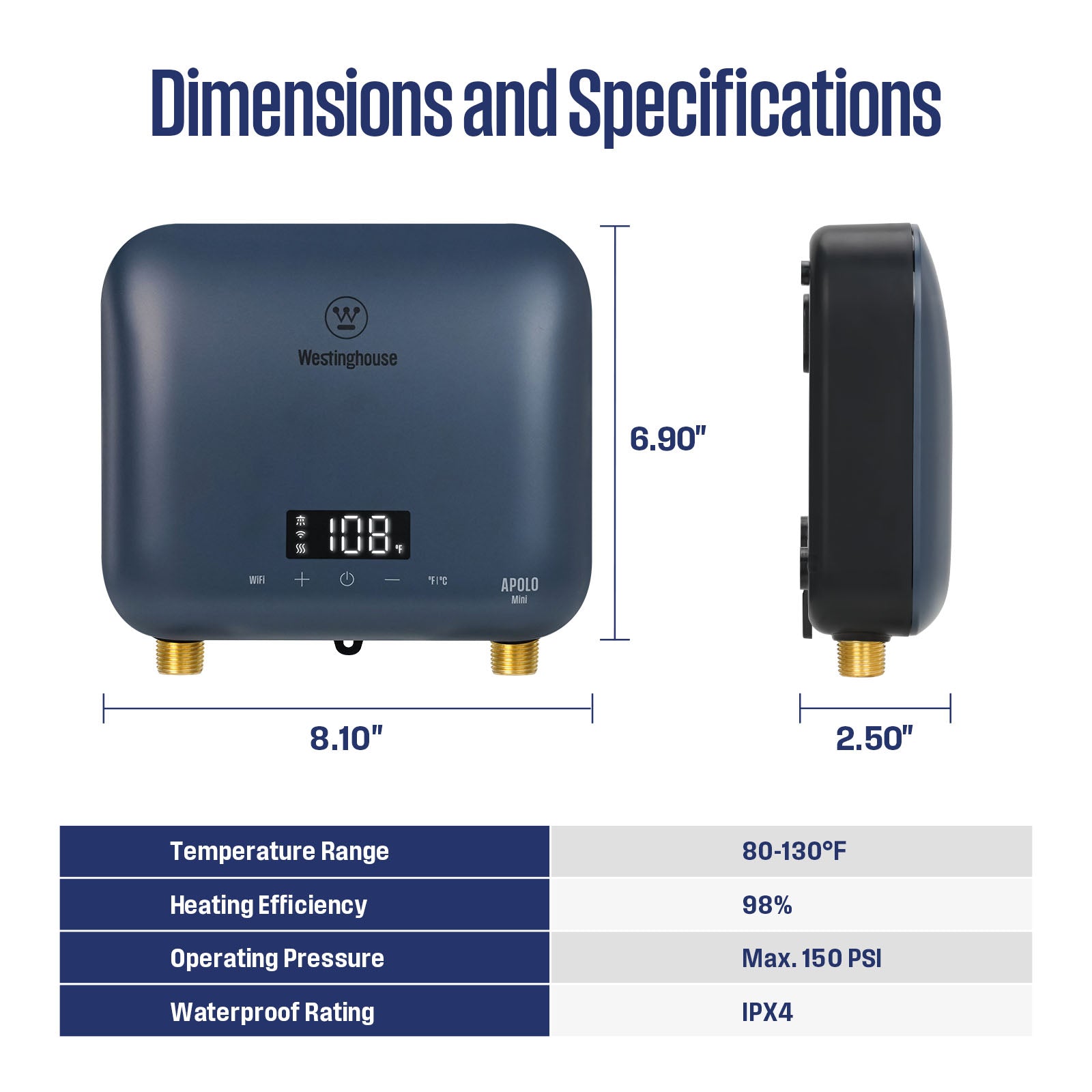 Westinghouse Apolo Mini 6.5kW Tankless Water Heater Electric, 240V Instant Hot Water, Smart WiFi Control, Compatible with Alexa & Google Home, Deep Blue