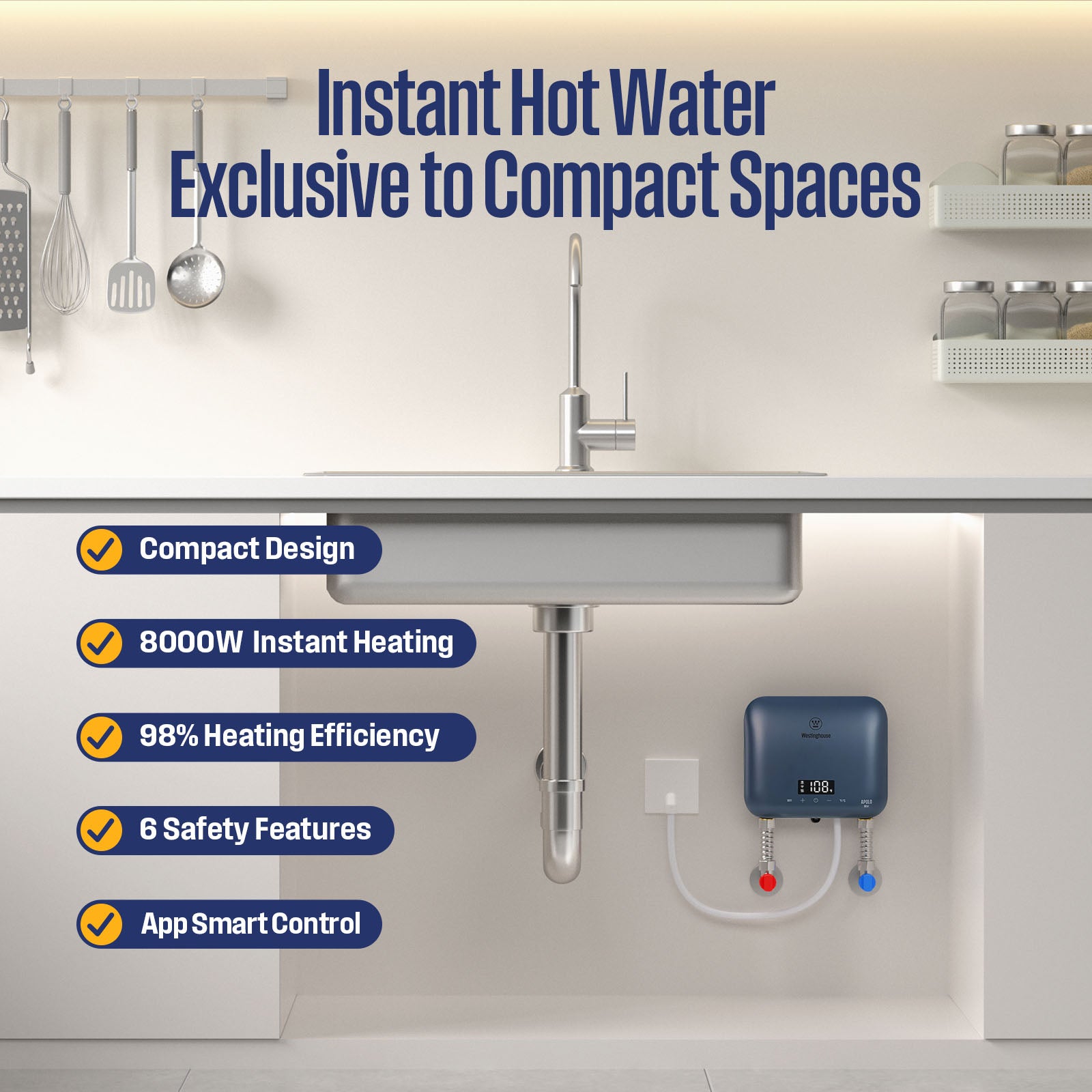 Westinghouse Apolo Mini 8kW Tankless Water Heater Electric, 240V Instant Hot Water, Smart WiFi Control, Compatible with Alexa & Google Home, Deep Blue