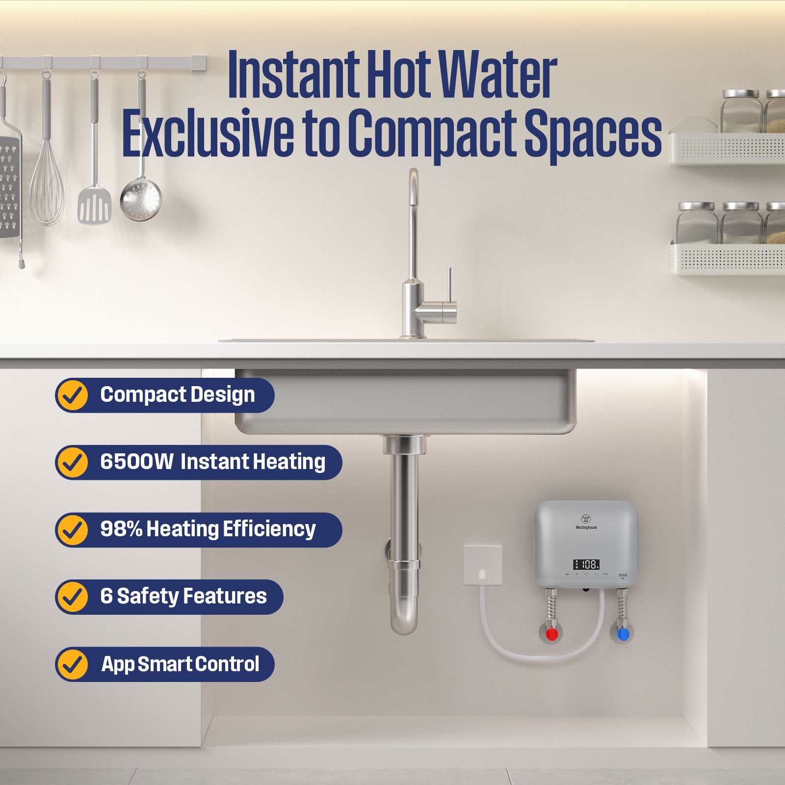 Westinghouse Apolo Mini 6.5kW Tankless Water Heater Electric, 240V Instant Hot Water, Smart WiFi Control, Compatible with Alexa & Google Home, Deep Blue