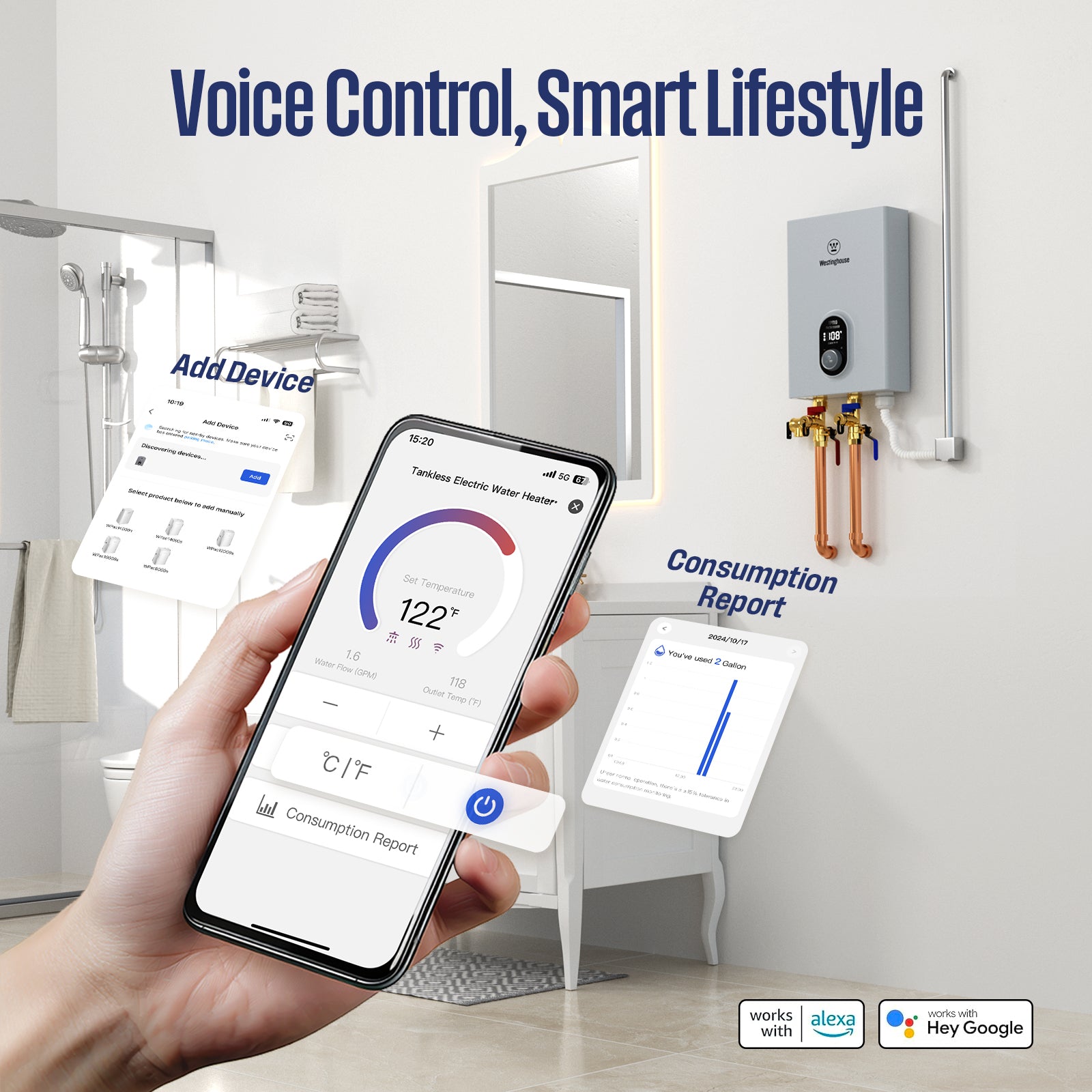 Westinghouse 11kW 240V Tankless Water Heater Electric, Up to 2.6 GPM Instant Hot Water Heater, 1-3 Point of Use Hot Water, Wi-Fi Enabled, APOLO-11k