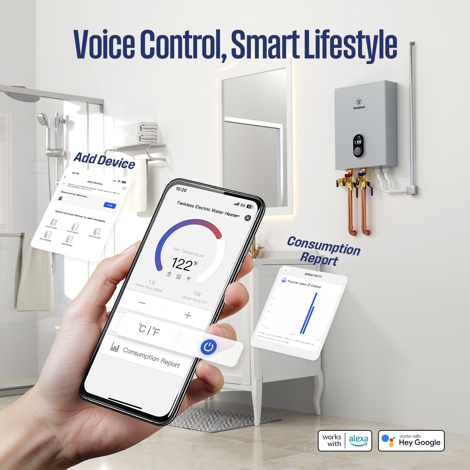 Westinghouse 27kW 240V Tankless Water Heater Electric, Instant Hot Water Heater, On Demand Hot Water, Smart WiFi Control, Compatible with Alexa & Google Home, Gray