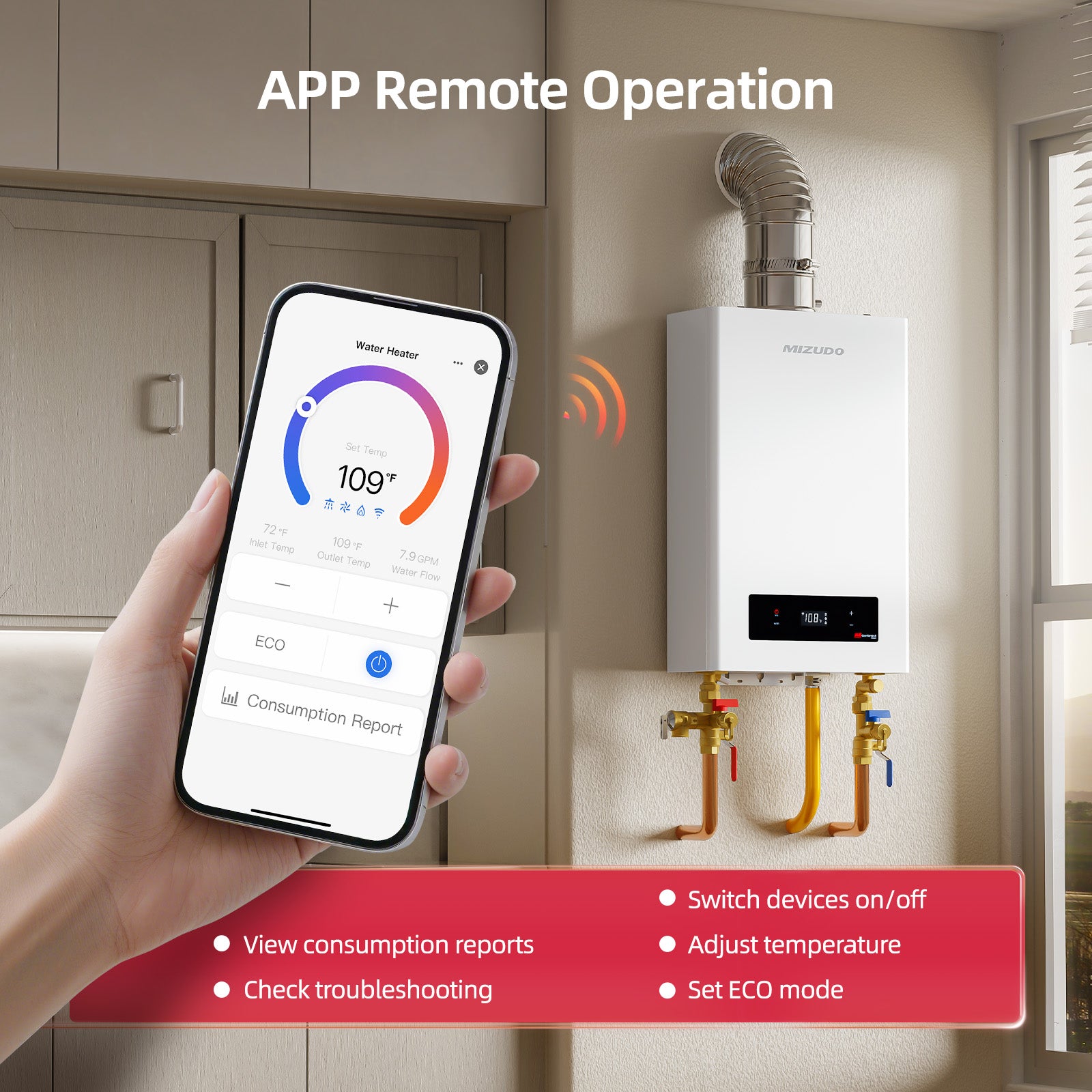Natural Gas Direct Vent Tankless Water Heater, MIZUDO Max 7.9 GPM, 180,000 BTU, WiFi-Enabled, CSA Certified, Indoor Non-Condensing Instant Hot Water Heater for Residential Whole House