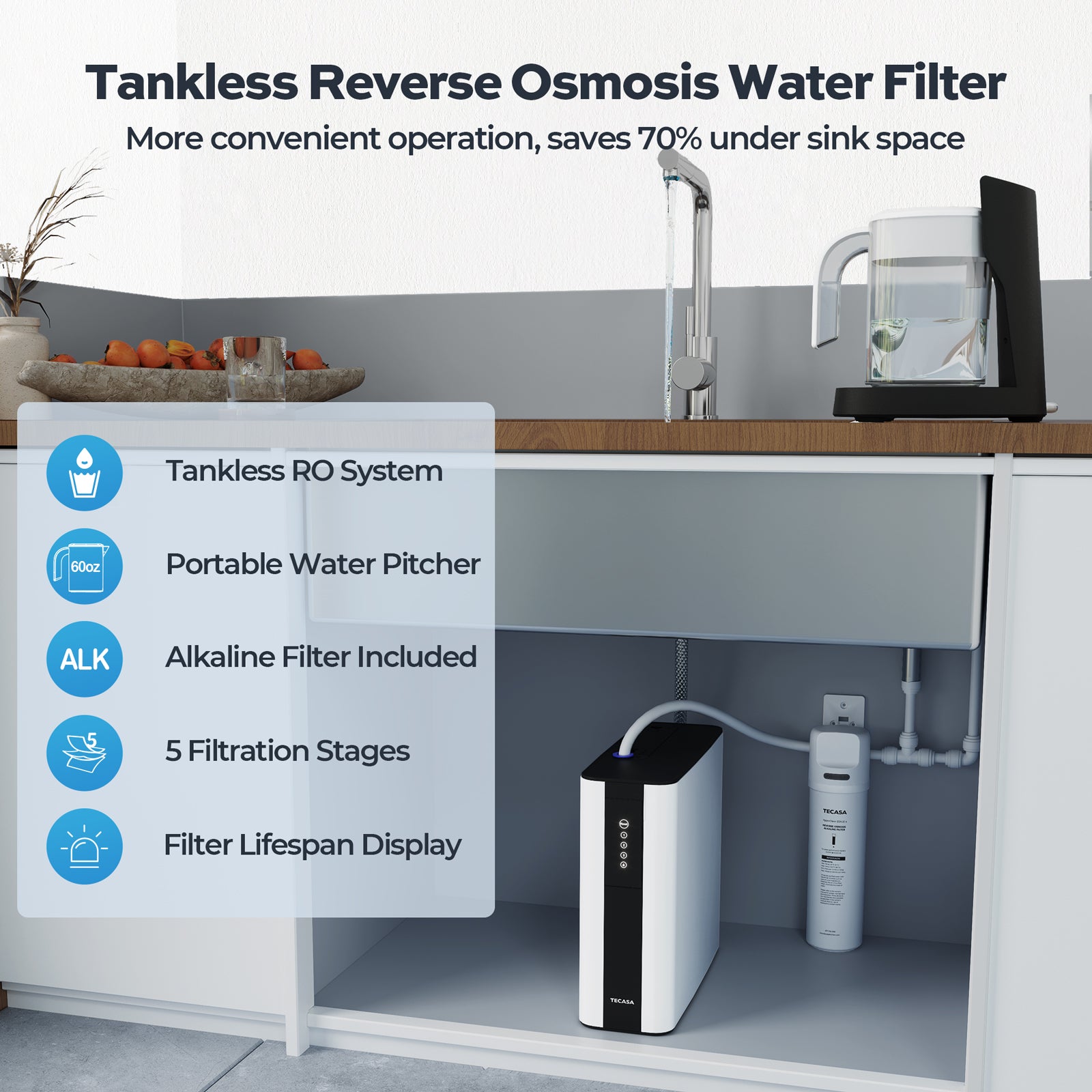 Tankless 5-Stage RO Water Purifier with Auto-Fill Pitcher & Alkaline Filter