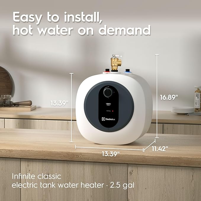 Electrolux 2026 Early Release Mini Tank Water Heater Electric, 2.5 Gallon Under Sink Water Heater for Point of Use On Demand Hot Water, Shelf Wall or Floor Mounted