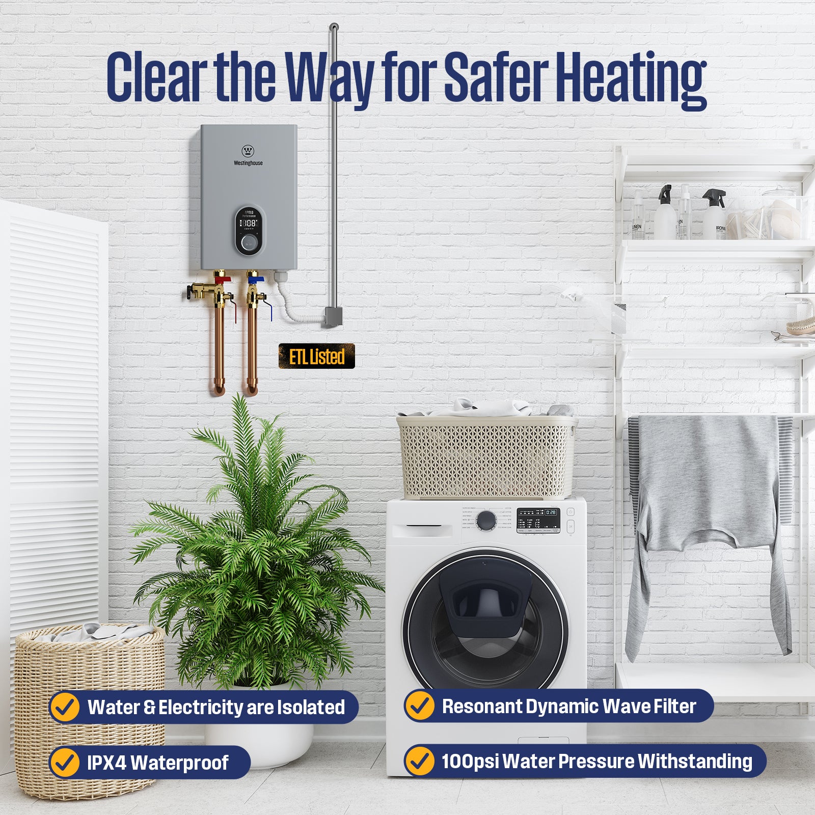 Westinghouse 11kW 240V Tankless Water Heater Electric, Up to 2.6 GPM Instant Hot Water Heater, 1-3 Point of Use Hot Water, Wi-Fi Enabled, APOLO-11k