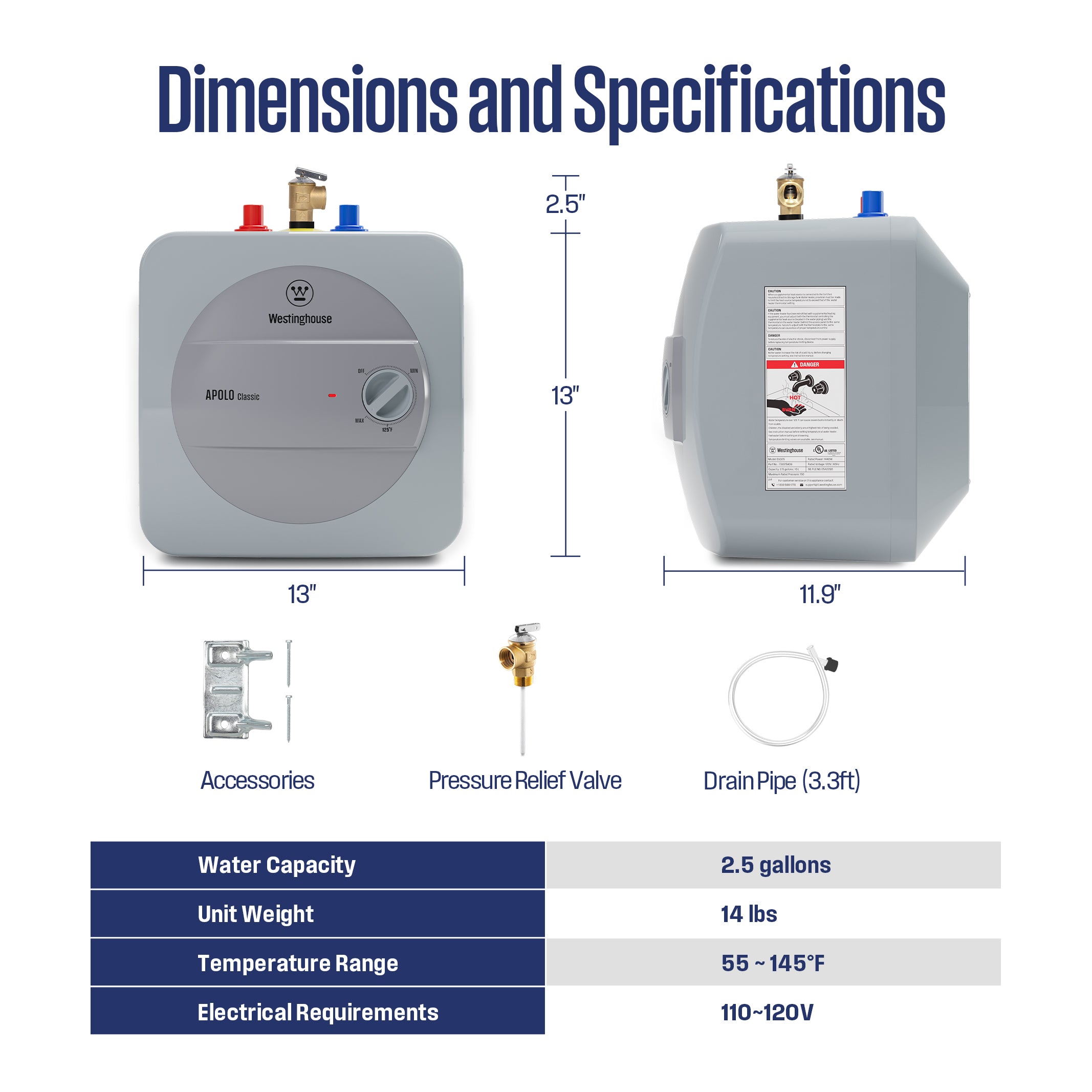 120V 2.5 Gallons Electric Mini Tank Under Sink Point-of-Use Instant Hot Water Heater