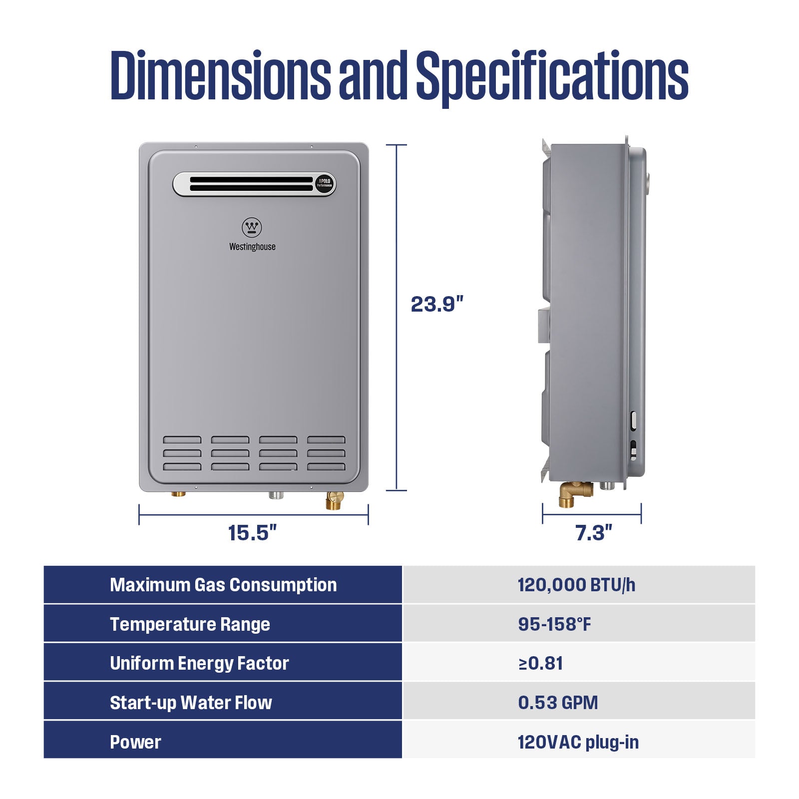 Westinghouse Tankless Water Heater Propane Outdoor Installation Max 5.1 GPM 120,000 BTU, Temp Self Modulating Non Condensing High Efficiency for House or Commercial, APOLO Performance
