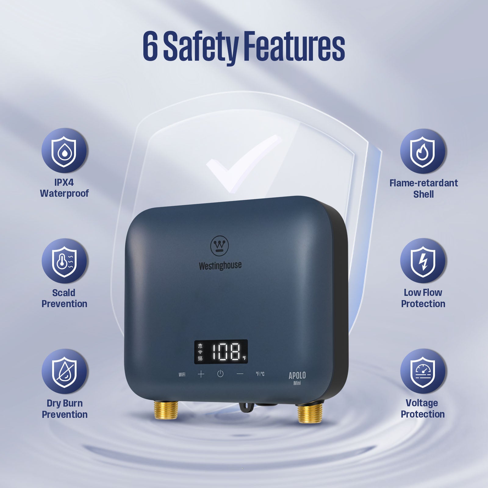 Westinghouse Apolo Mini 6.5kW Tankless Water Heater Electric, 240V Instant Hot Water, Smart WiFi Control, Compatible with Alexa & Google Home, Deep Blue