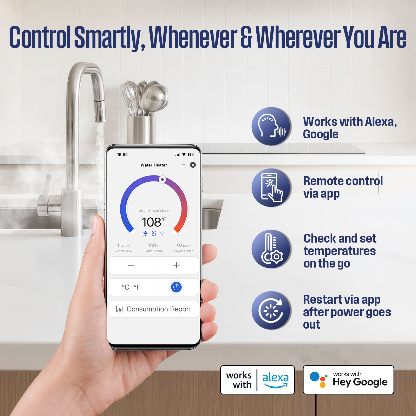 Westinghouse Apolo Mini 8kW Tankless Water Heater Electric, 240V Instant Hot Water, Smart WiFi Control, Compatible with Alexa & Google Home, Gray