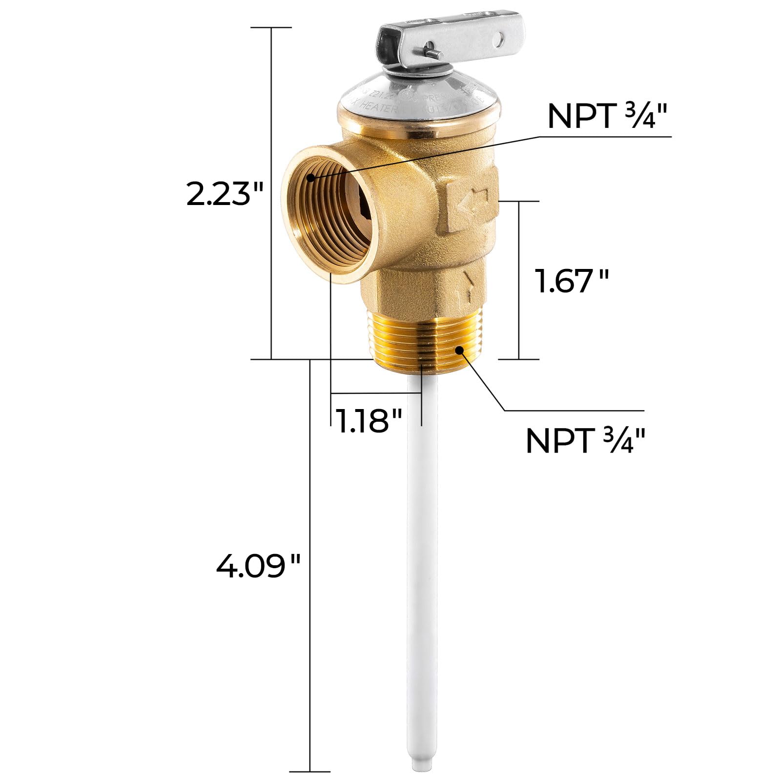 Temperature and Pressure Relief Valve 3/4" NPT Threaded, 210°F 150PSI with 4" Probe