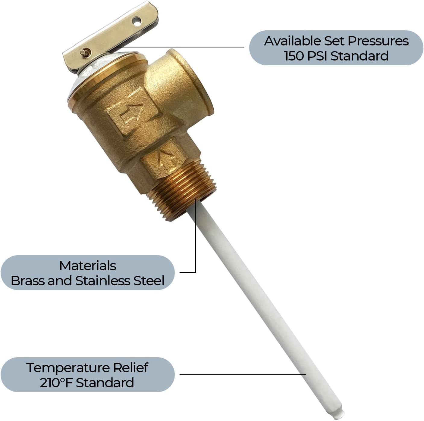 Temperature and Pressure Relief Valve 3/4" NPT Threaded, 210°F 150PSI with 4" Probe