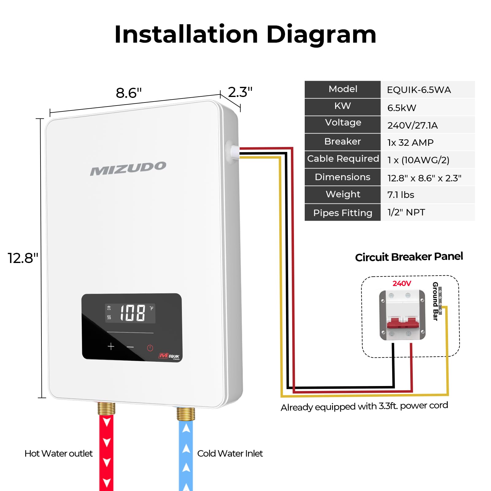 6.5 kW 240V Electric Tankless Water Heater